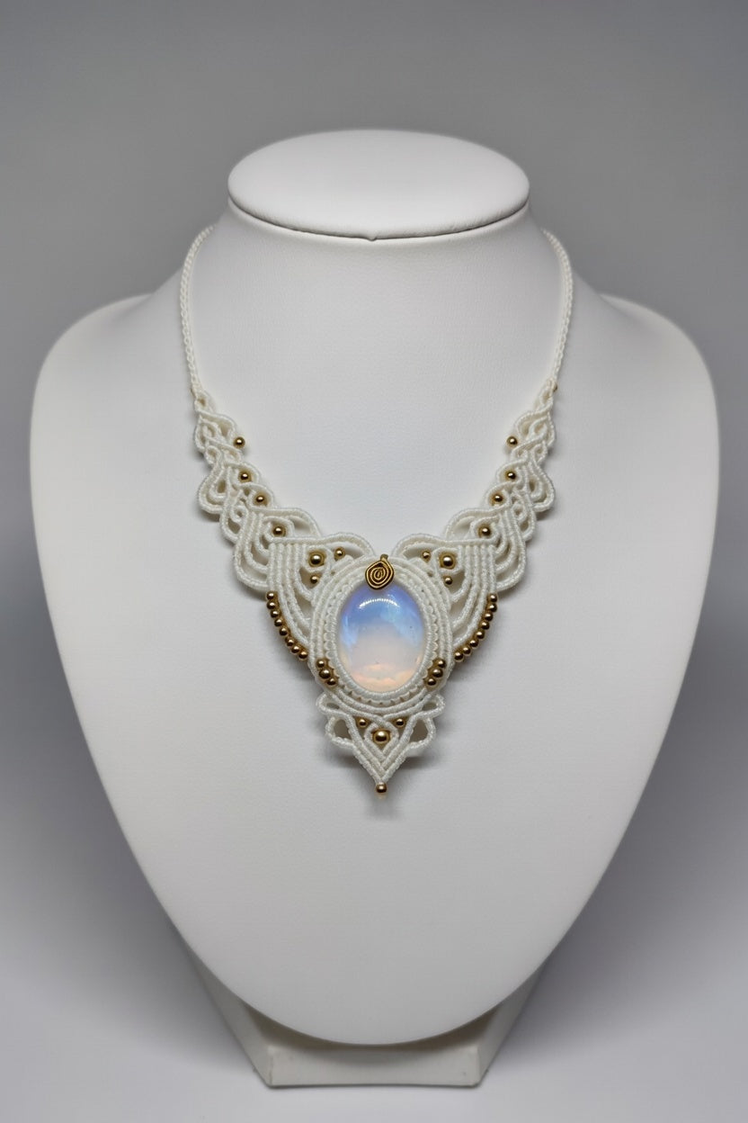 White Moonstone Statement Macrame Necklace | Hariom Creations