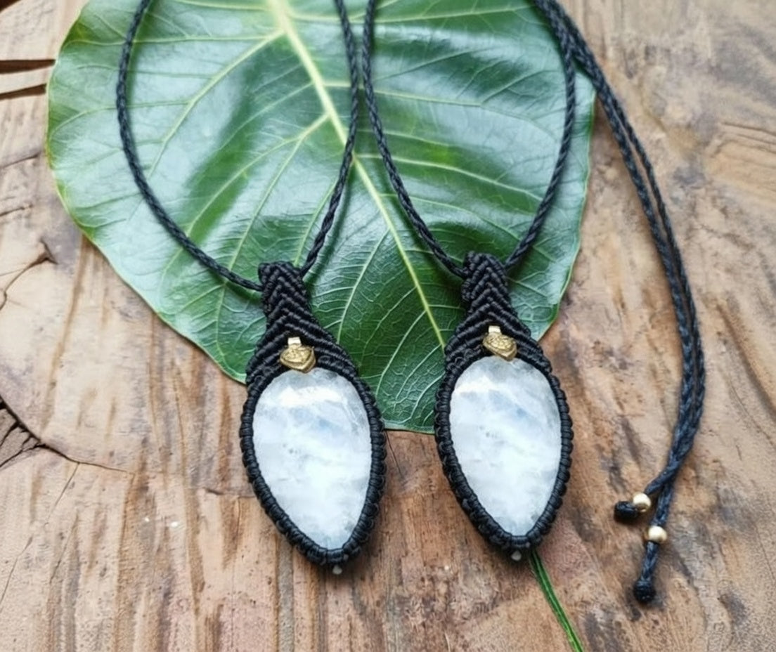Black Moonstone Macrame Necklace - Teardrop Design