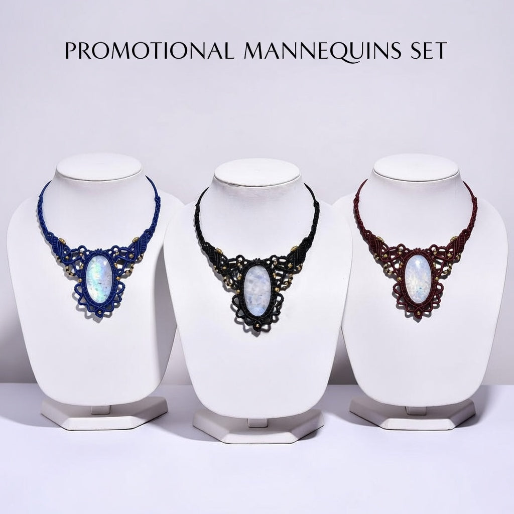 Oval Moonstone Macrame Statement Jewelry - Black Cord