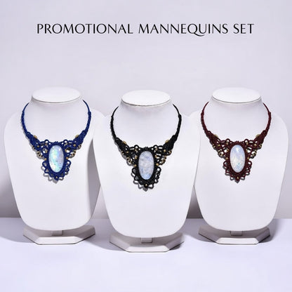 Oval Moonstone Macrame Statement Jewelry - Black Cord