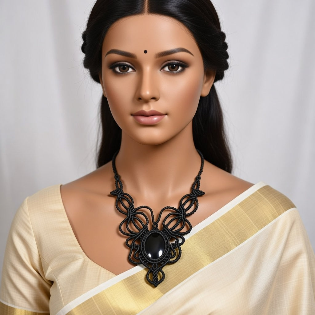 Black Onyx Macrame Necklace - Butterfly Inspired Design