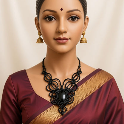 Black Onyx Macrame Necklace - Butterfly Inspired Design