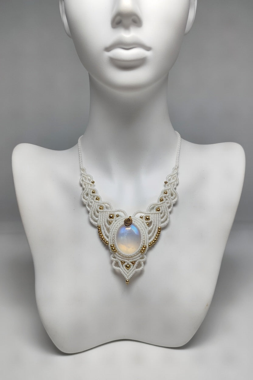 White Moonstone Statement Macrame Necklace | Hariom Creations