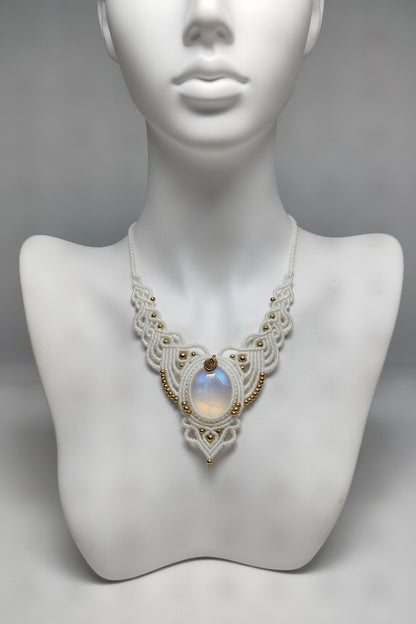 White Moonstone Statement Macrame Necklace | Hariom Creations