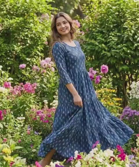 Deep Blue Printed Maxi Dress | Tiered Ethnic Floral