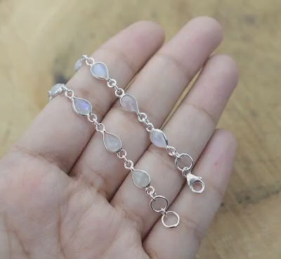 Natural Rainbow Moonstone Teardrop Silver Bracelet | Hari Om
