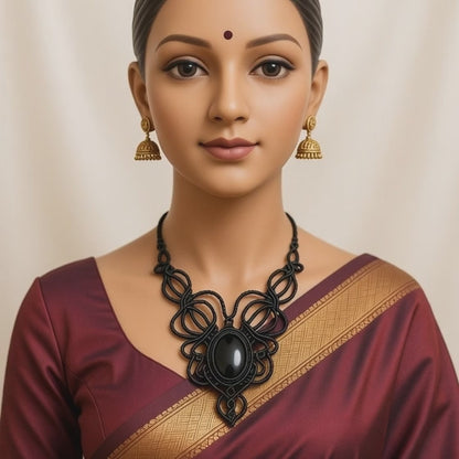 Black Onyx Macrame Necklace - Butterfly Inspired Design