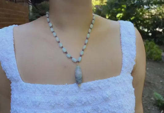 Aquamarine & Amethyst Necklace with Fluorite Pendant | Hari Om