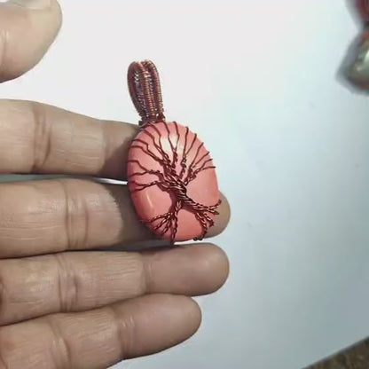 Coral Peach Stone Tree of Life Pendant | Copper Jewelry