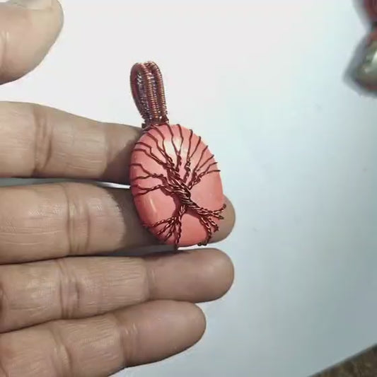 Coral Peach Stone Tree of Life Pendant | Copper Jewelry