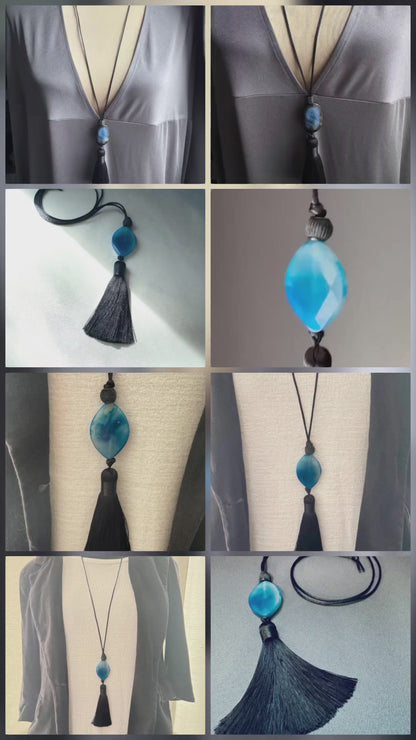 Blue Agate Tassel Pendant Necklace | Hariom Creations