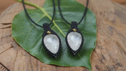 Black Moonstone Macrame Necklace - Teardrop Design