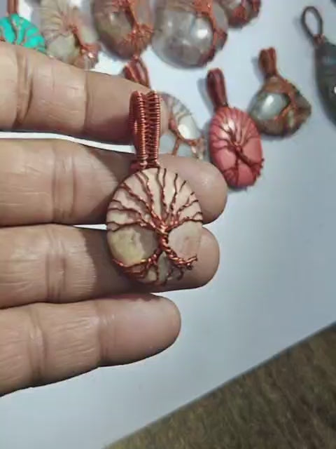 Tree of Life Pink Stone Pendant | Wire Wrapped Jewelry