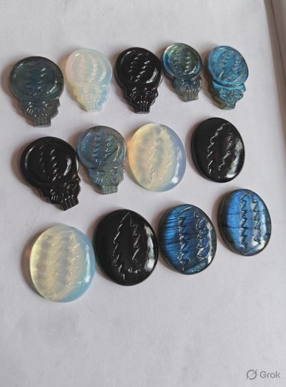 Carved Steal Your Face Skull Cabochons | Labradorite Opalite