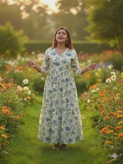 Deep Blue Printed Maxi Dress | Tiered Ethnic Floral