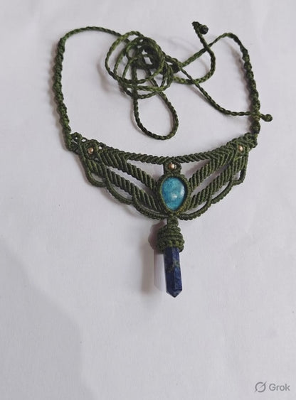 Green Macrame Necklace with Turquoise & Lapis Point | Handmade