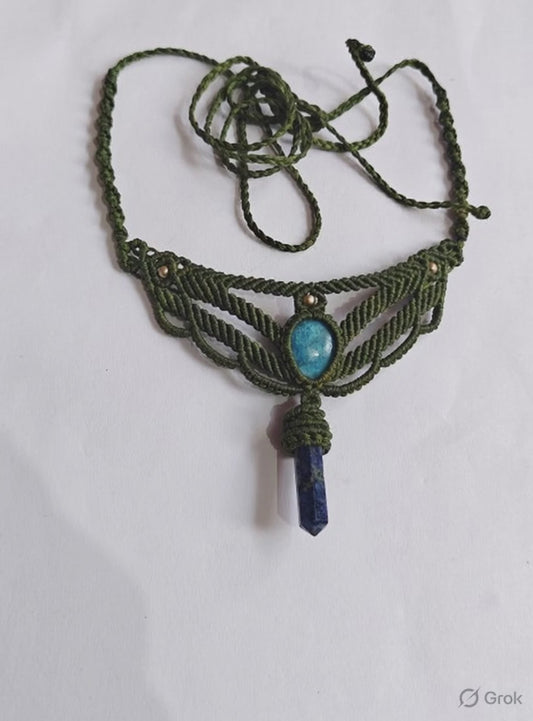 Green Macrame Necklace with Turquoise & Lapis Point | Handmade