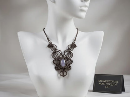 Dark Labradorite Macrame Necklace - Grey Wide Weave