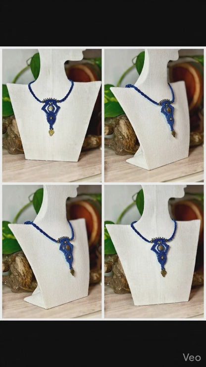 Royal Blue Macramé Pendant with Brass Accents | Hariom Creations