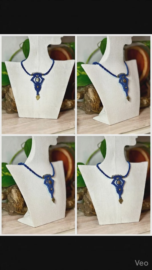 Royal Blue Macramé Pendant with Brass Accents | Hariom Creations