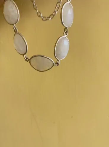 Natural Rainbow Moonstone Bezel Set Station Necklace | Hari Om