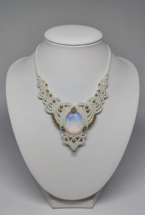 White Moonstone Statement Macrame Necklace | Hariom Creations